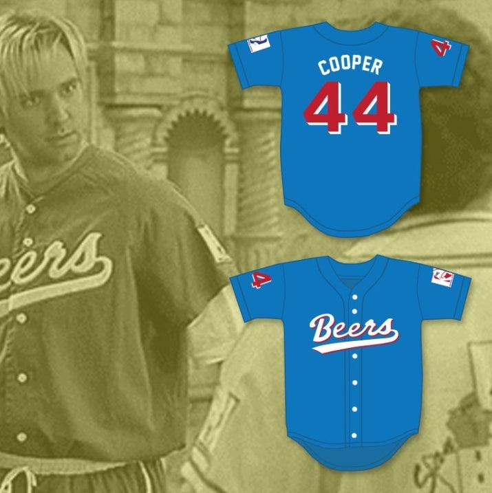 Jersey de béisbol azul personalizado con cualquier nombre y número de Joe Cooper 44 de Beers Baseketball, costuras de primera calidad, tallas S-6XL