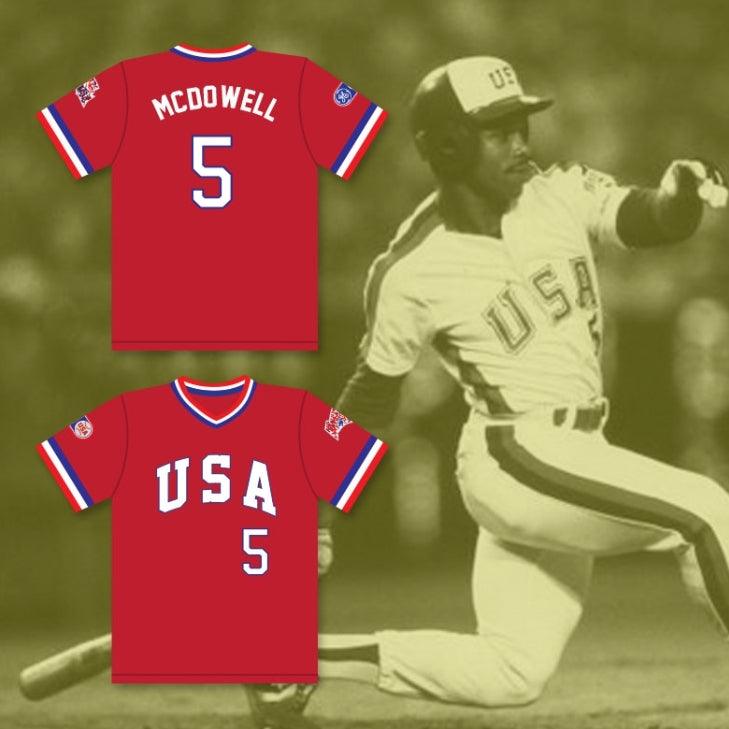 Camiseta de béisbol roja del equipo de EE. UU. personalizada con cualquier nombre y número ODDIBE MCDOWELL 5 1984, con costuras de alta calidad, tallas S-6XL