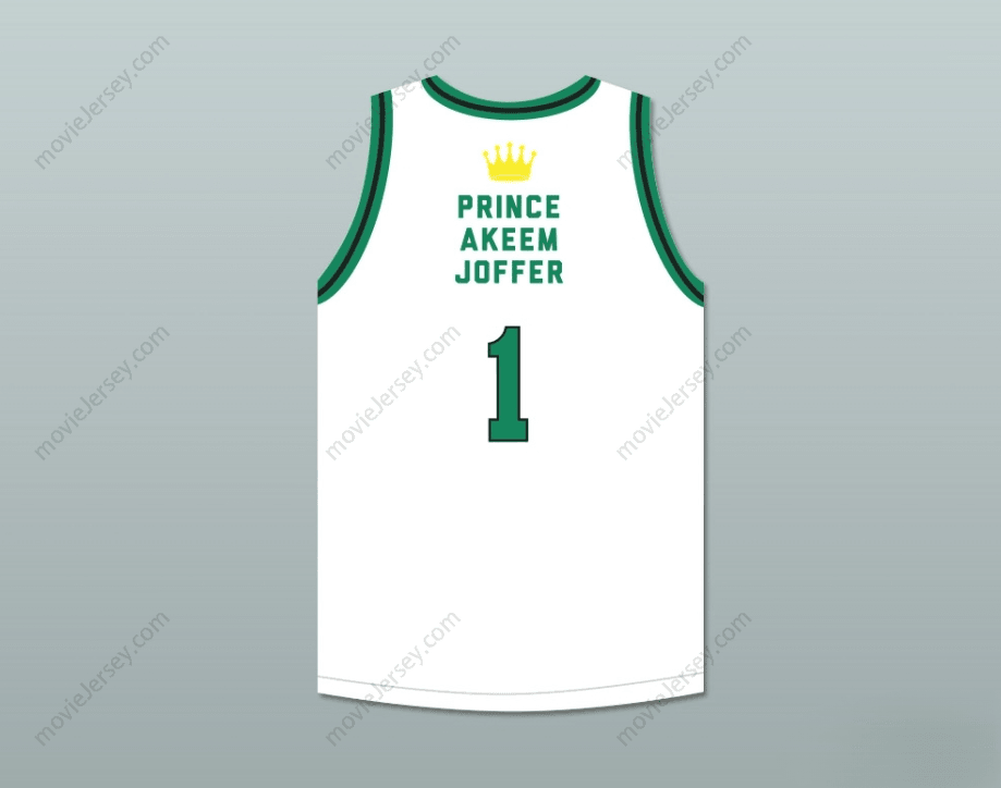 CAMISETA DE BALONCESTO BLANCA DE CUALQUIER NOMBRE Y NÚMERO PERSONALIZABLE DEL PRÍNCIPE AKEEM JOFFER 1, CON PARCHE DE BANDERA DEL PAÍS AFRICANO FICTICIO, CON PUNTADAS DE ADORNO S-6XL