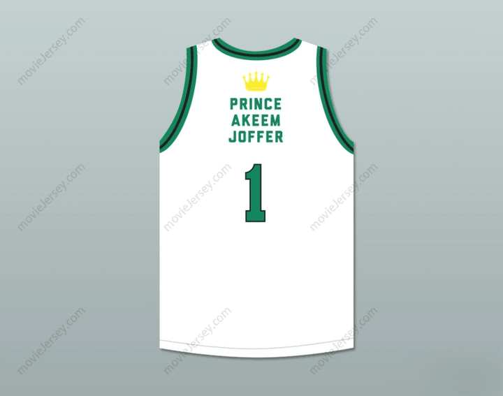CAMISETA DE BALONCESTO BLANCA DE CUALQUIER NOMBRE Y NÚMERO PERSONALIZABLE DEL PRÍNCIPE AKEEM JOFFER 1, CON PARCHE DE BANDERA DEL PAÍS AFRICANO FICTICIO, CON PUNTADAS DE ADORNO S-6XL