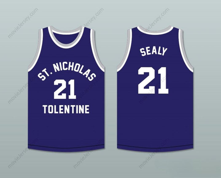 PERSONALIZAR Cualquier Nombre Número MALIK SEALY 21 ST. NICHOLAS DE TOLENTINO ESCUELA SECUNDARIA Camiseta de Baloncesto Azul Marino Cosida de S-6XL
