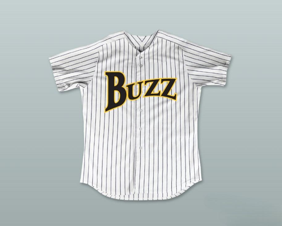 Camiseta de béisbol a rayas blancas de BUZZ LANCE PERE 26 con nombre y número personalizados MAJOR LEAGUE: BACK TO THE MINORS Talla S-6XL con costuras superiores