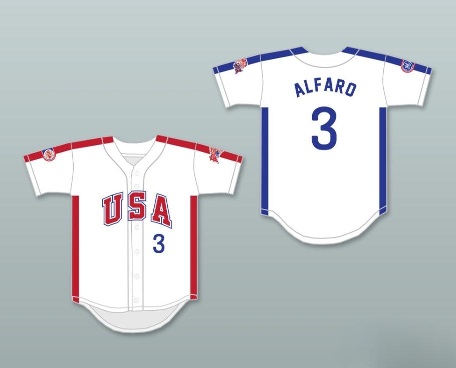 Camiseta de béisbol blanca con botones de equipo de EE. UU. FLAVIO ALFARO 3 1984, con cualquier nombre y número personalizados, con costuras superiores S-6XL