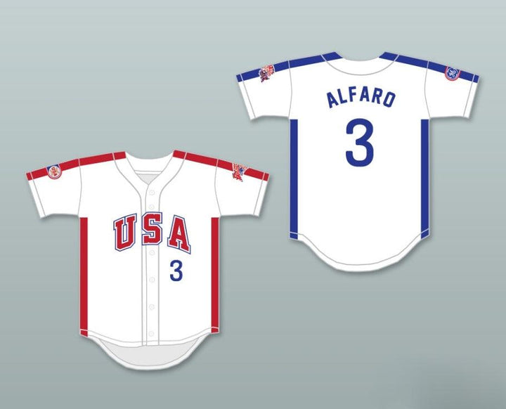 Camiseta de béisbol blanca con botones de equipo de EE. UU. FLAVIO ALFARO 3 1984, con cualquier nombre y número personalizados, con costuras superiores S-6XL