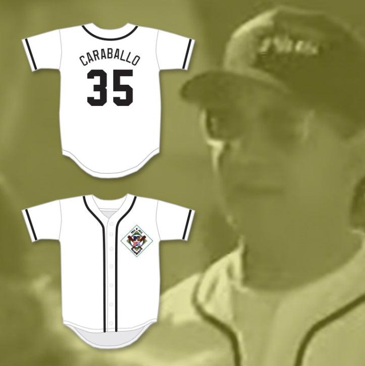 Camiseta de béisbol SALAMANDERS RICK CARABALLO 35 con cualquier nombre y número personalizada. DIAMOND DERBY ROCK N' JOCK 1ª EDICIÓN. Costuras reforzadas S-6XL