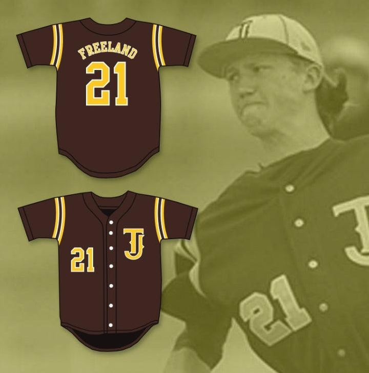 Camiseta de béisbol marrón de los SPARTANS del instituto THOMAS, personalizable con cualquier nombre y número KYLE FREELAND 21, doble costura, tallas S-6XL