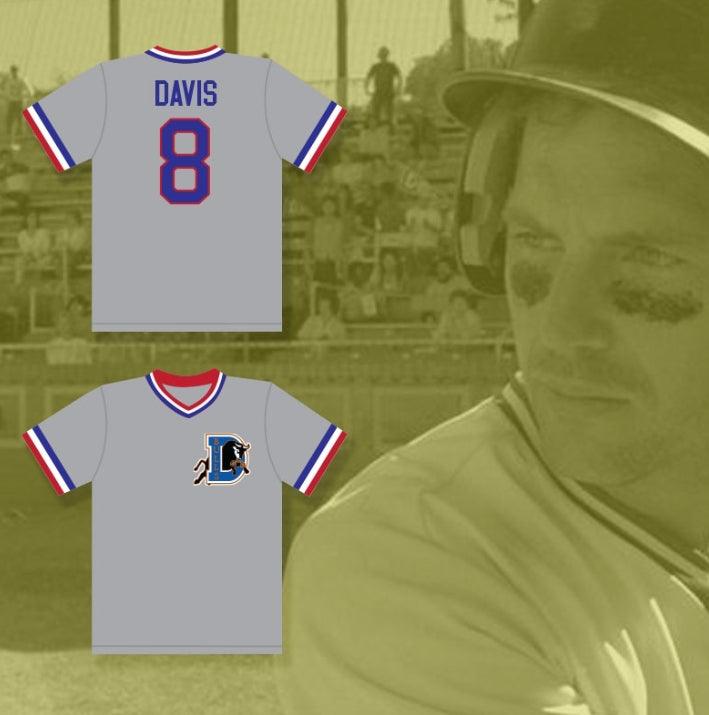 Camiseta de béisbol gris personalizada con cualquier nombre y número CRASH DAVIS 8 BULL, tallas S-6XL