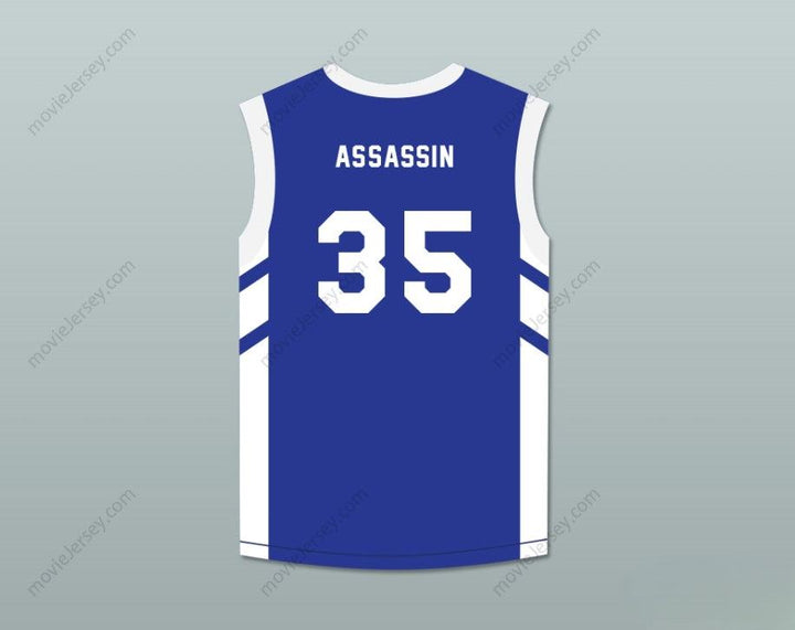 CAMISETA DE BALONCESTO AZUL PERSONALIZADA CON NOMBRE Y NÚMERO JERRY 'ASSASSIN' DUPREE 35 DENNIS RODMAN'S BIG BANG IN PYONGYANG Costuras superiores S-6XL