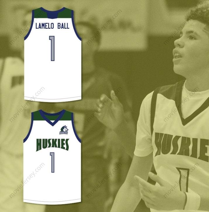 CAMISETA DE BALONCESTO BLANCA CHINO HILLS HUSKIES PERSONALIZADA CON CUALQUIER NOMBRE Y NÚMERO LAMELO BALL 1 CON PARCHE Y PESPUNTES Tallas S-6XL