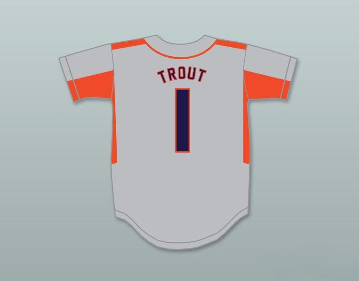 Camiseta de béisbol gris de los THUNDERBOLTS de la escuela secundaria superior de MIKE TROUT con nombre y número personalizados 1, talla S-6XL, cosido en la parte superior 4