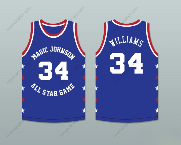 PERSONALIZA Cualquier Nombre Número JOHN WILLIAMS 34 MAGIC JOHNSON BALONCESTO AZUL DEL PARTIDO DE LAS ESTRELLAS CAMISETA 1988 EVENTO BENÉFICO MAGIA DE UNA NOCHE DE VERANO Costura Superior S-6XL