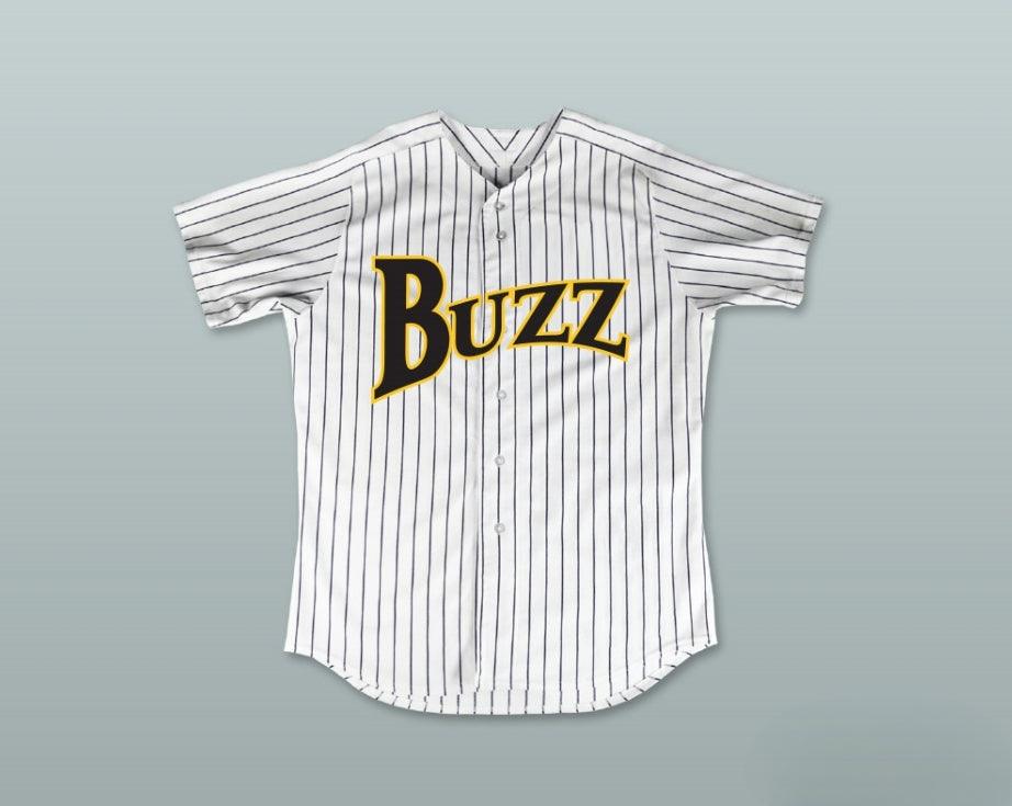 Camiseta de béisbol a rayas finas blanca de BUZZ de GUS CANTRELL 1 con nombre y número personalizados, Ligas Mayores: De vuelta a las Menores, Costuras superiores, S-6XL