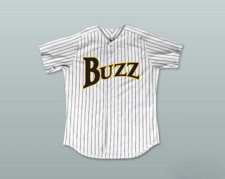 Camiseta de béisbol a rayas finas blanca de BUZZ de GUS CANTRELL 1 con nombre y número personalizados, Ligas Mayores: De vuelta a las Menores, Costuras superiores, S-6XL