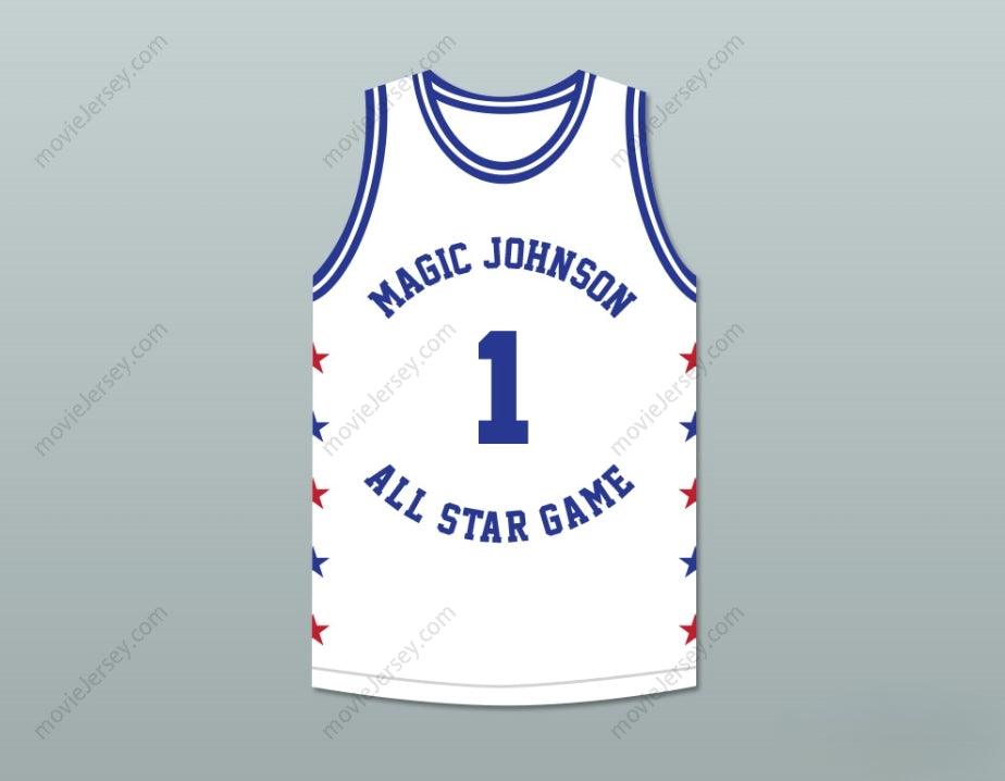 PERSONALIZADA CUALQUIER Nombre Número MUGGSY BOGUES 1 MAGIC JOHNSON CAMISETA DE BALONCESTO BLANCA ALL STAR GAME 1988 EVENTO BENÉFICO MIDSUMMER NIGHT'S MAGIC Parte superior cosida S-6XL