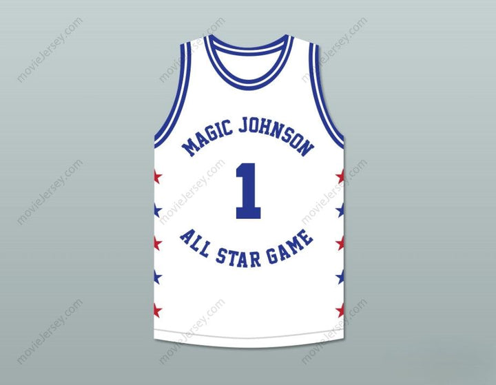 PERSONALIZADA CUALQUIER Nombre Número MUGGSY BOGUES 1 MAGIC JOHNSON CAMISETA DE BALONCESTO BLANCA ALL STAR GAME 1988 EVENTO BENÉFICO MIDSUMMER NIGHT'S MAGIC Parte superior cosida S-6XL