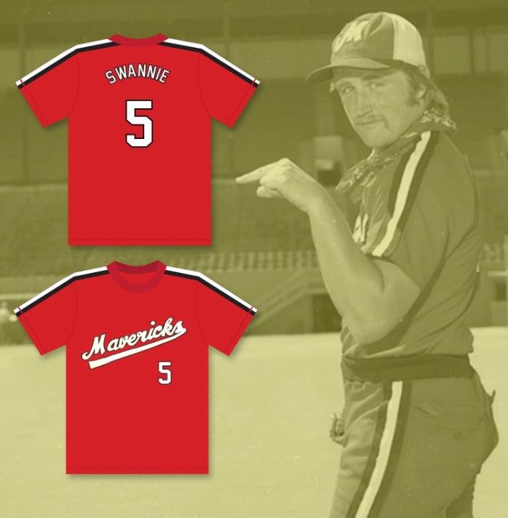 Camiseta de béisbol personalizada con cualquier nombre y número de JIM 'SWANNIE' SWANSON 5, roja, "THE BATTERED BASTARDS OF BASEBALL", costuras dobles, Tallas S-6XL