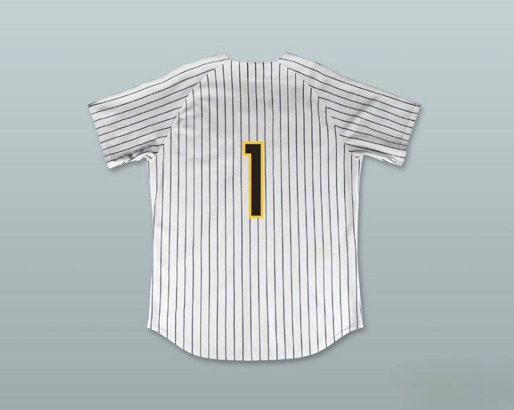 Camiseta de béisbol a rayas finas blanca de BUZZ de GUS CANTRELL 1 con nombre y número personalizados, Ligas Mayores: De vuelta a las Menores, Costuras superiores, S-6XL