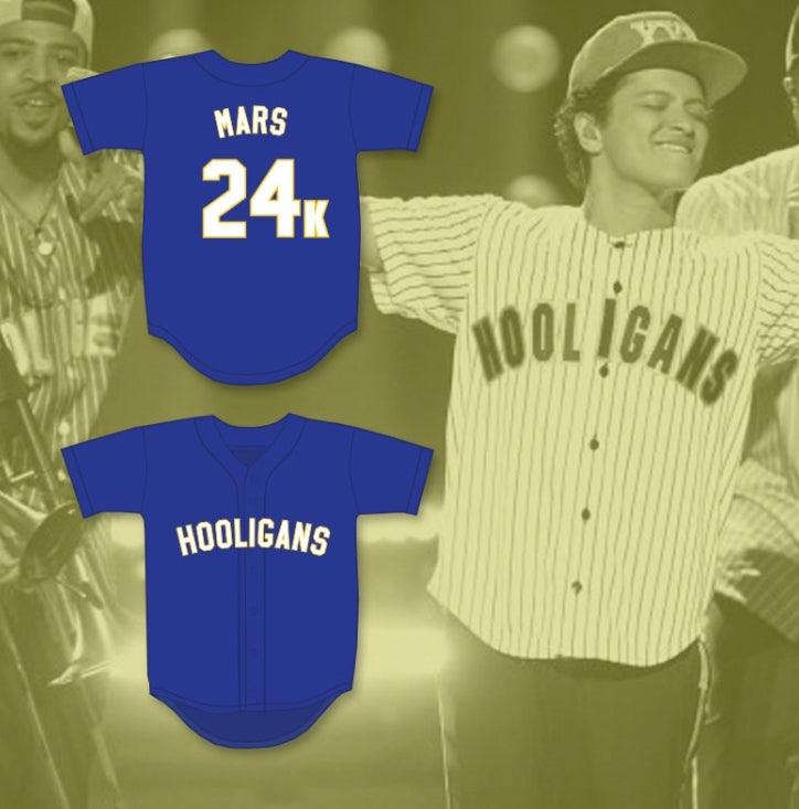 Camiseta de béisbol azul con el número y nombre personalizados BRUNO MARS 24K HOOLIGANS, BET AWARDS, costuras decorativas, S-6XL