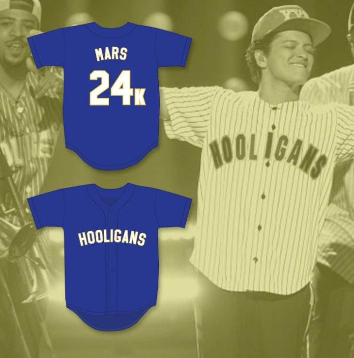 Camiseta de béisbol azul con el número y nombre personalizados BRUNO MARS 24K HOOLIGANS, BET AWARDS, costuras decorativas, S-6XL