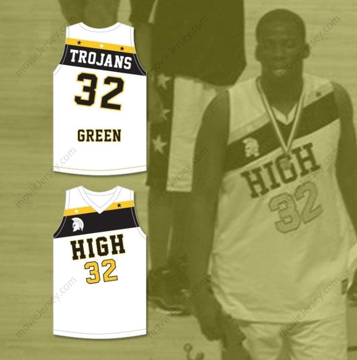 CAMISETA DE BALONCESTO BLANCA DE LOS SAGINAW HIGH SCHOOL TROJANS CON EL NÚMERO 32 Y EL NOMBRE DE DRAYMOND GREEN, PERSONALIZABLE CON CUALQUIER NOMBRE Y NÚMERO, 2 BORDADOS DE CADA LADO, TALLAS S-6XL