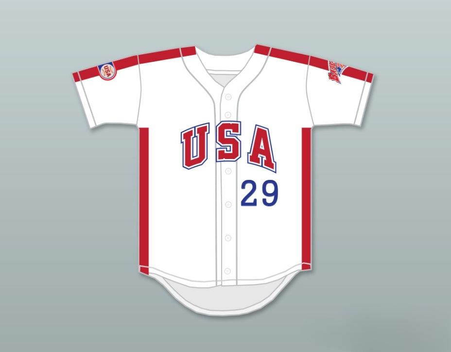 Camiseta de béisbol con botones blancos personalizada con el nombre y número que quieras, DON 29 DE AGOSTO DE 1984, SELECCIÓN DE EE. UU., con costuras decorativas, tallas S-6XL