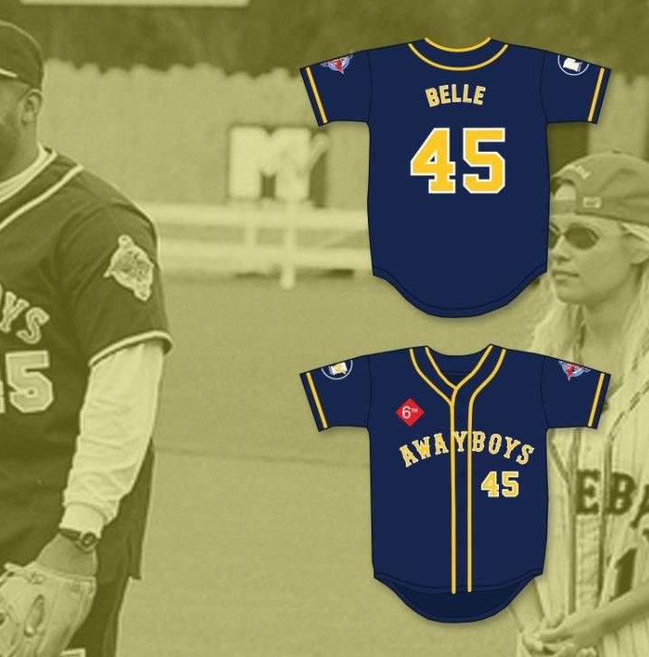 Camiseta de béisbol personalizada con cualquier nombre y número BELLE 45 AWAYBOYS 6º ANUAL ROCK N' JOCK SOFTBALL CHALLENGE 1995 con costura superior S-6XL