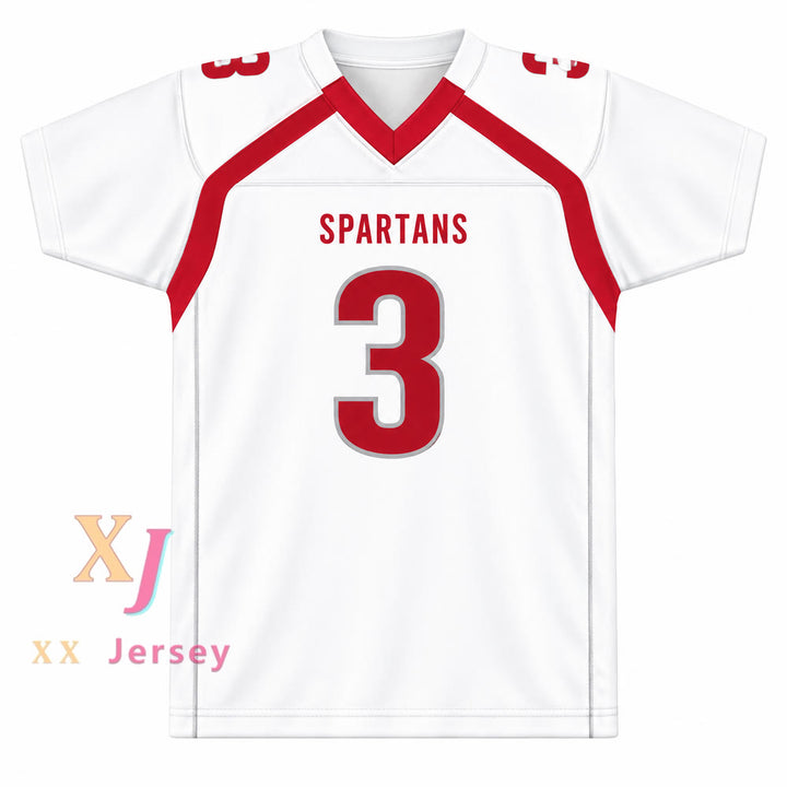 CAMISETA DE FÚTBOL COSIDA PERSONALIZADA CON CUALQUIER NOMBRE Y NÚMERO DE VELUS JONES JR. #3 DE LOS SARALAND HIGH SCHOOL SPARTANS TALLAS S-6XL