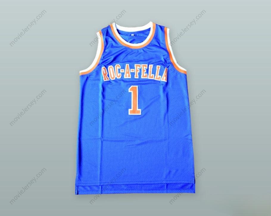 CAMISETA DE BALONCESTO AZUL ROC-A-FELLA CON NÚMERO Y NOMBRE PERSONALIZADO DE SHAWN CARTER 1, BORDADA, TALLAS S-6XL