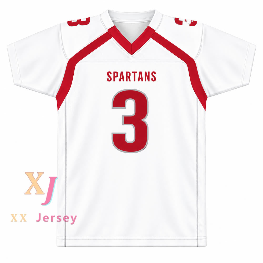 CAMISETA DE FÚTBOL COSIDA PERSONALIZADA CON CUALQUIER NOMBRE Y NÚMERO DE VELUS JONES JR. #3 DE LOS SARALAND HIGH SCHOOL SPARTANS TALLAS S-6XL