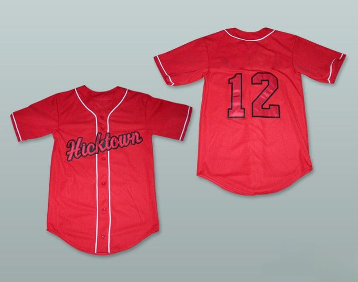 Camiseta de béisbol roja HICKTOWN 12 con número y nombre personalizados, costuras, tallas S-6XL