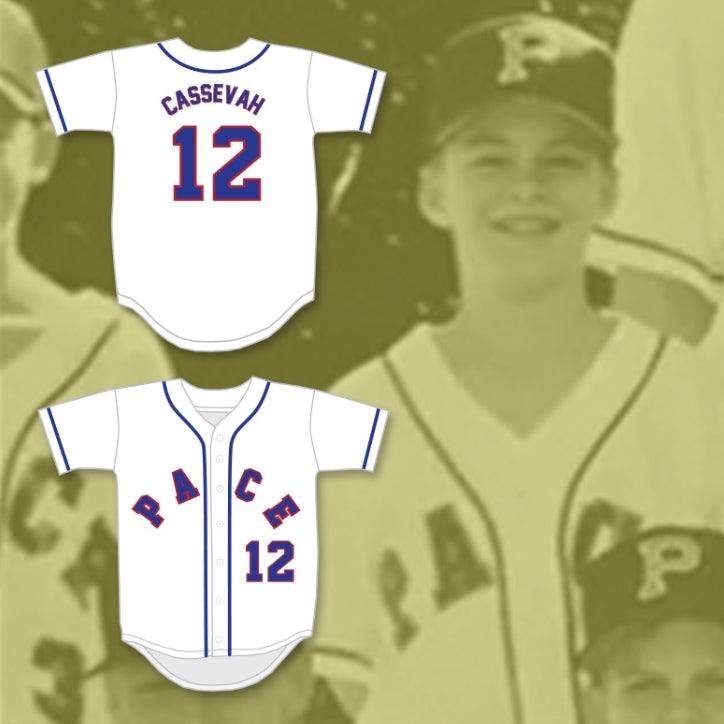 Camiseta de béisbol blanca con el número y nombre personalizados BOBBY CASSEVAH 12 PACE ATHLETIC AND RECREATION ASSOCIATION, con dos costuras superiores, tallas S-6XL