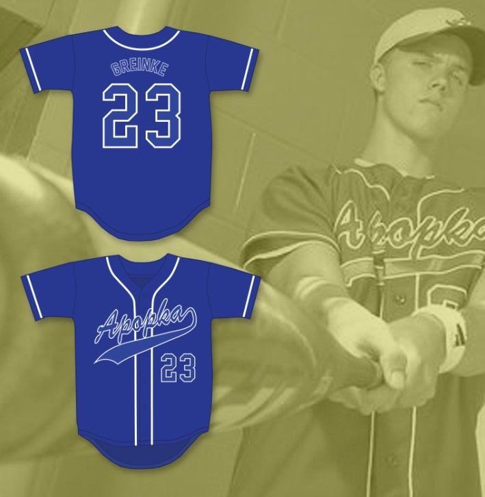 Camiseta de béisbol azul ZACK GREINKE 23 DARTERS de secundaria con cualquier nombre y número personalizado, doble costura, tallas S-6XL