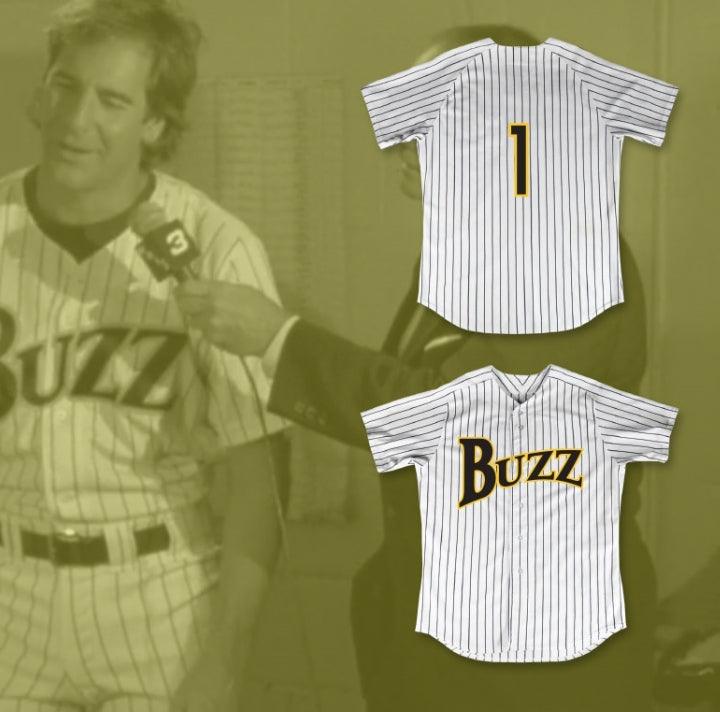 Camiseta de béisbol a rayas finas blanca de BUZZ de GUS CANTRELL 1 con nombre y número personalizados, Ligas Mayores: De vuelta a las Menores, Costuras superiores, S-6XL