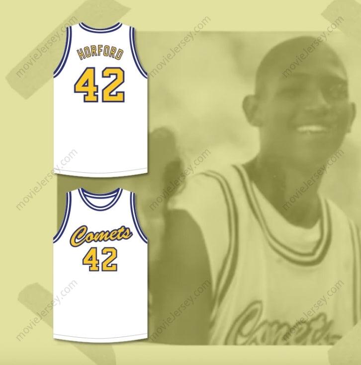 CAMISETA DE BALONCESTO BLANCA DE LOS COMETS DE LA ESCUELA SECUNDARIA GRAND LEDGE CON EL NOMBRE Y NÚMERO PERSONALIZADOS DE AL HORFORD 42, 2 Pespuntes, Tallas S-6XL