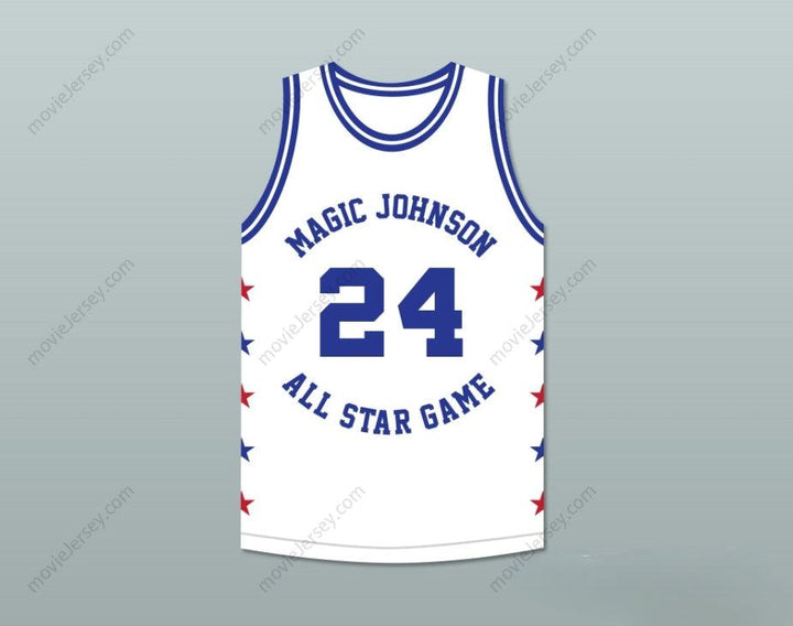 PERSONALIZA CUALQUIER Nombre Número REGGIE THEUS 24 MAGIC JOHNSON BALONCESTO ALL STAR GAME BLANCO JERSEY 1986 EVENTO DE CARIDAD MIDSUMMER NIGHT'S MAGIC Cosido Superior S-6XL
