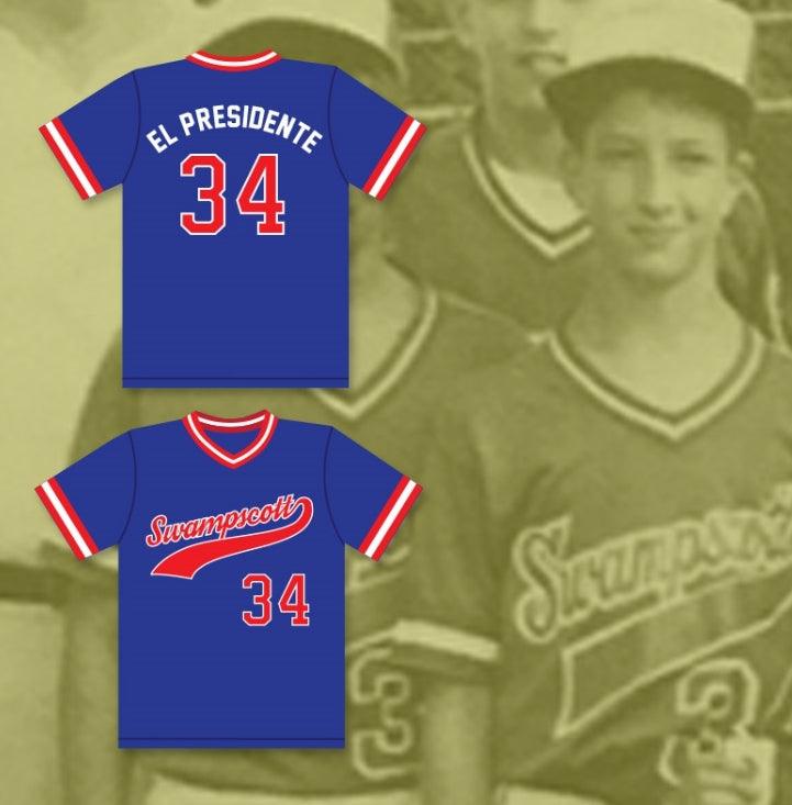Camiseta de béisbol azul de escuela secundaria EL PRESIDENTE 34 con número y nombre personalizados, costuras de primera calidad, tallas S-6XL