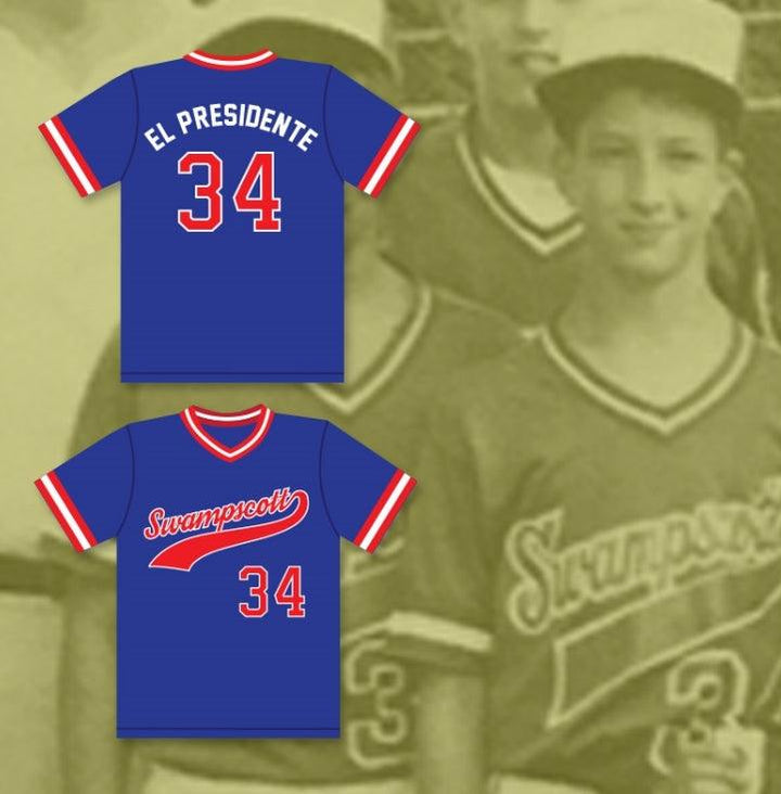 Camiseta de béisbol azul de escuela secundaria EL PRESIDENTE 34 con número y nombre personalizados, costuras de primera calidad, tallas S-6XL