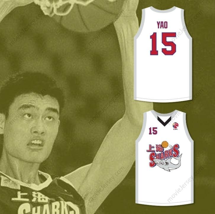 CAMISETA DE BALONCESTO BLANCA ALTERNATIVA DE LOS SHANGHAI SHARKS DE YAO MING 15 CON PARCHE DE LA CBA, NÚMERO Y NOMBRE PERSONALIZADO, Tallas S-6XL