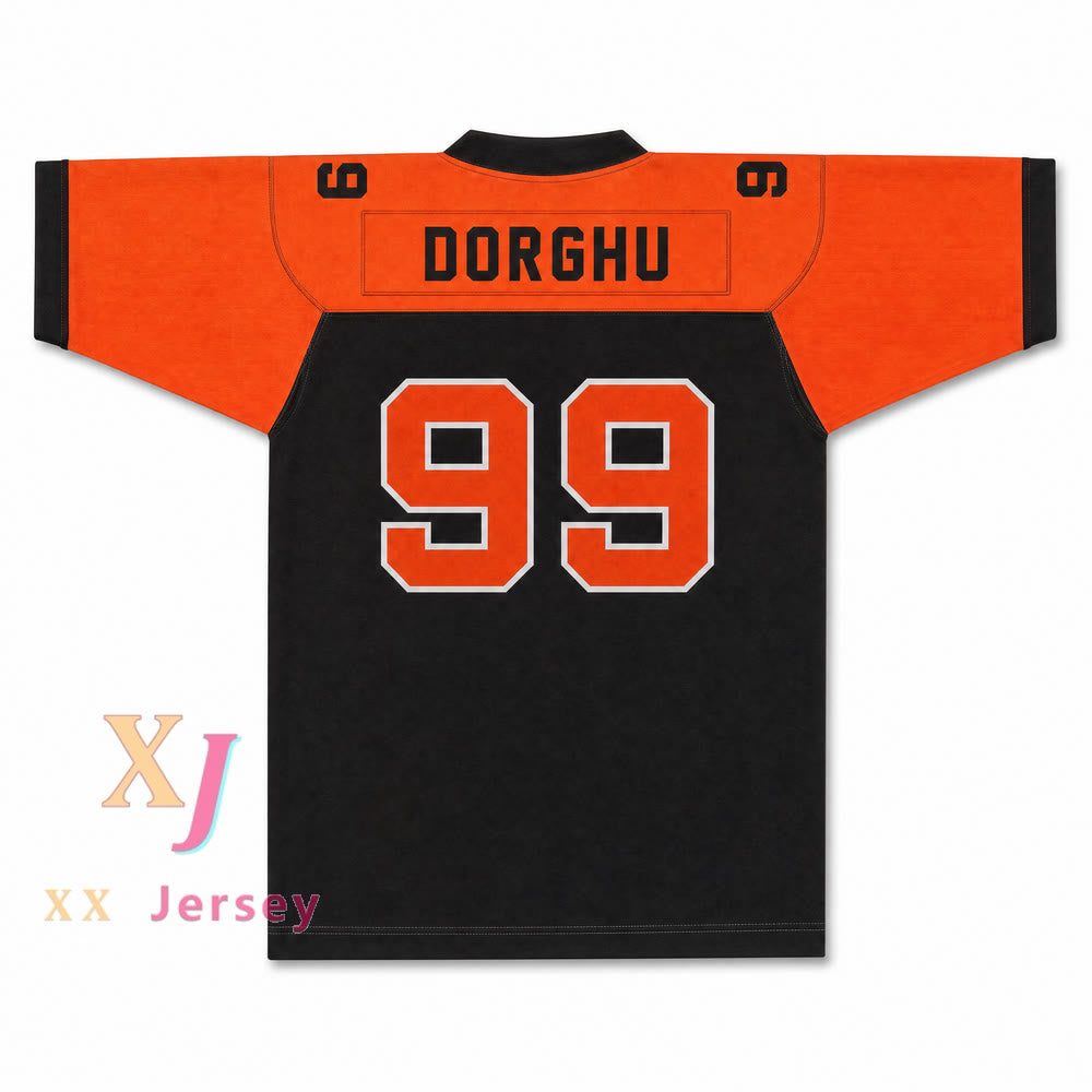 CAMISETA DE FÚTBOL DORGHU 99 ORC FOGTEETH, NEGRO/NARANJA, CON PARCHES PERSONALIZADOS Y DOBLE COSTURA, TALLAS S-6XL