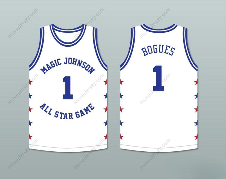 PERSONALIZADA CUALQUIER Nombre Número MUGGSY BOGUES 1 MAGIC JOHNSON CAMISETA DE BALONCESTO BLANCA ALL STAR GAME 1988 EVENTO BENÉFICO MIDSUMMER NIGHT'S MAGIC Parte superior cosida S-6XL