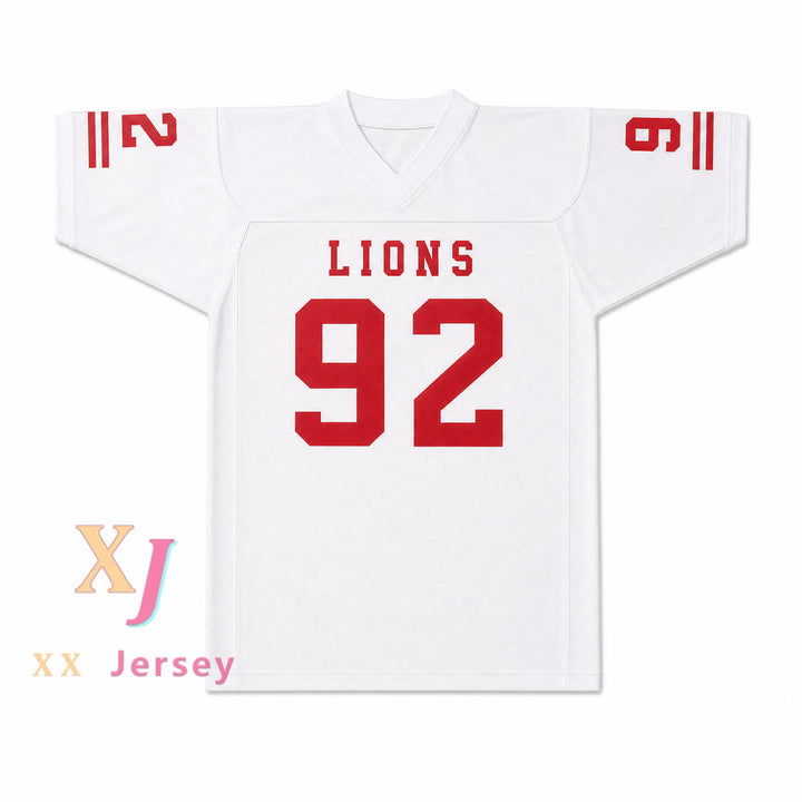 Marcel Andry 92 EMCC Lions Football Jersey — white front view