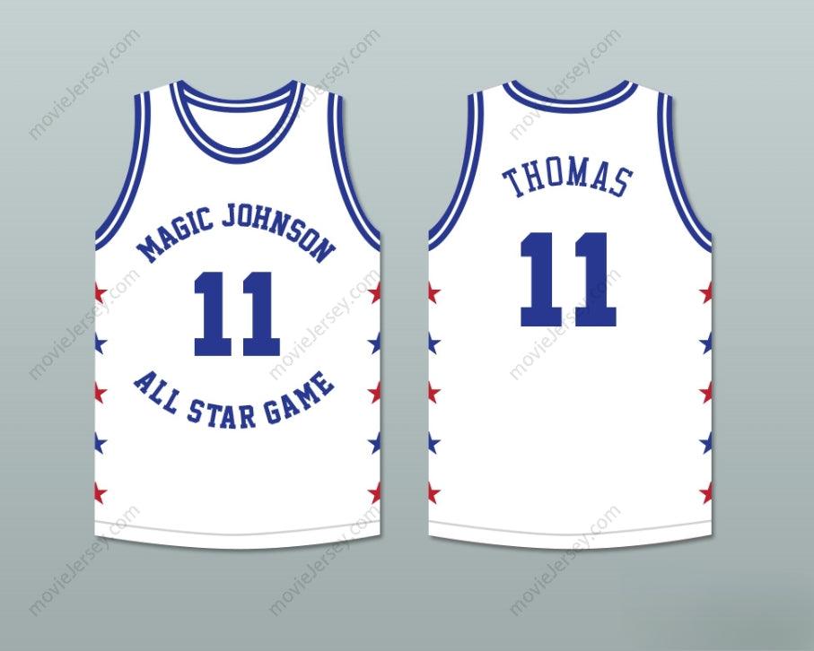 CAMISETA DE BALONCESTO BLANCA DEL PARTIDO DE LAS ESTRELLAS "MAGIC JOHNSON ALL STAR GAME" DE 1988 CON CUALQUIER NOMBRE Y NÚMERO PERSONALIZADOS ISIAH THOMAS 11 EVENTO BENÉFICO "MIDSUMMER NIGHT'S MAGIC" Tallas S-6XL con costuras superiores
