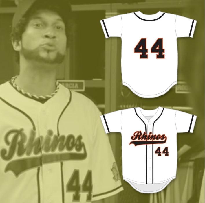 Camiseta de béisbol con el nombre y número personalizados GARCIA 44 RHINOS con costura superior KEY & PEELE SLAP ASS S-6XL