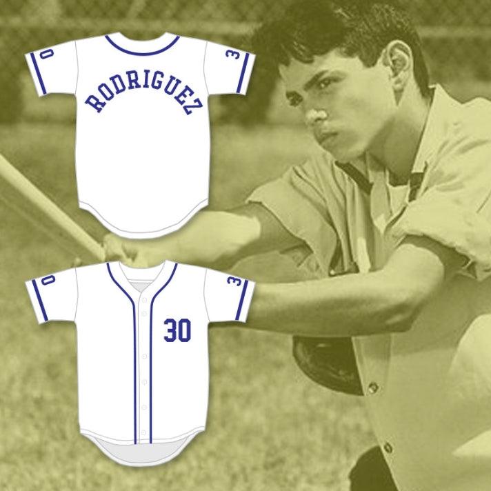 Camiseta de béisbol blanca con el número y nombre personalizados MIKE VITAR BENNY 'THE JET' RODRIGUEZ 30 THE SANDLOT Tallas S-6XL