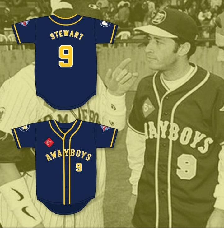 Camiseta de béisbol personalizada con cualquier nombre y número JON STEWART 9 AWAYBOYS 6º DESAFÍO ANUAL DE SÓFTBOL ROCK N' JOCK 1995 Costura superior S-6XL