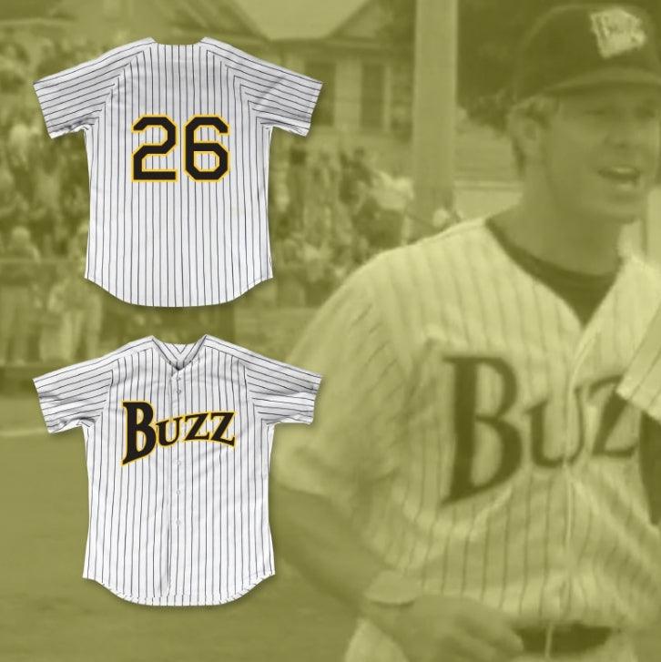 Camiseta de béisbol a rayas blancas de BUZZ LANCE PERE 26 con nombre y número personalizados MAJOR LEAGUE: BACK TO THE MINORS Talla S-6XL con costuras superiores
