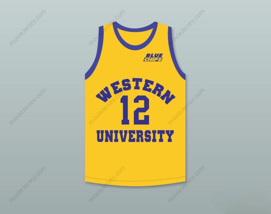 CAMISETA DE BALONCESTO AMARILLA PERSONALIZADA CON CUALQUIER NOMBRE Y NÚMERO DE ACTION BRONSON 12 CON PARCHE DE BLUE CHIPS, Costura Superior S-6XL