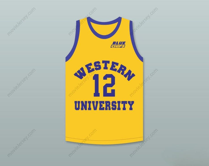 CAMISETA DE BALONCESTO AMARILLA PERSONALIZADA CON CUALQUIER NOMBRE Y NÚMERO DE ACTION BRONSON 12 CON PARCHE DE BLUE CHIPS, Costura Superior S-6XL