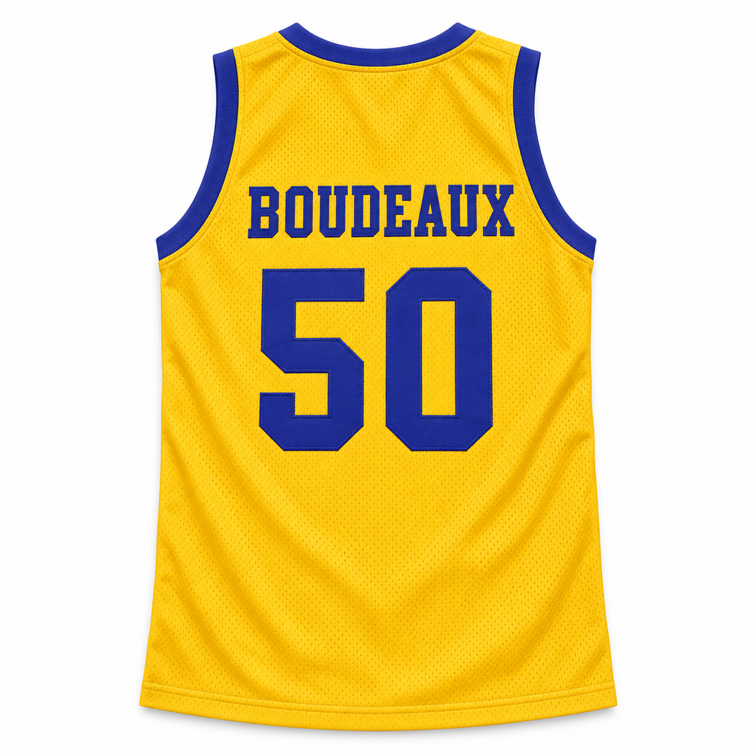 Back product mockup of a yellow basketball jersey with blue BOUDEAUX lettering, number 50 and blue neckline and armhole trim.