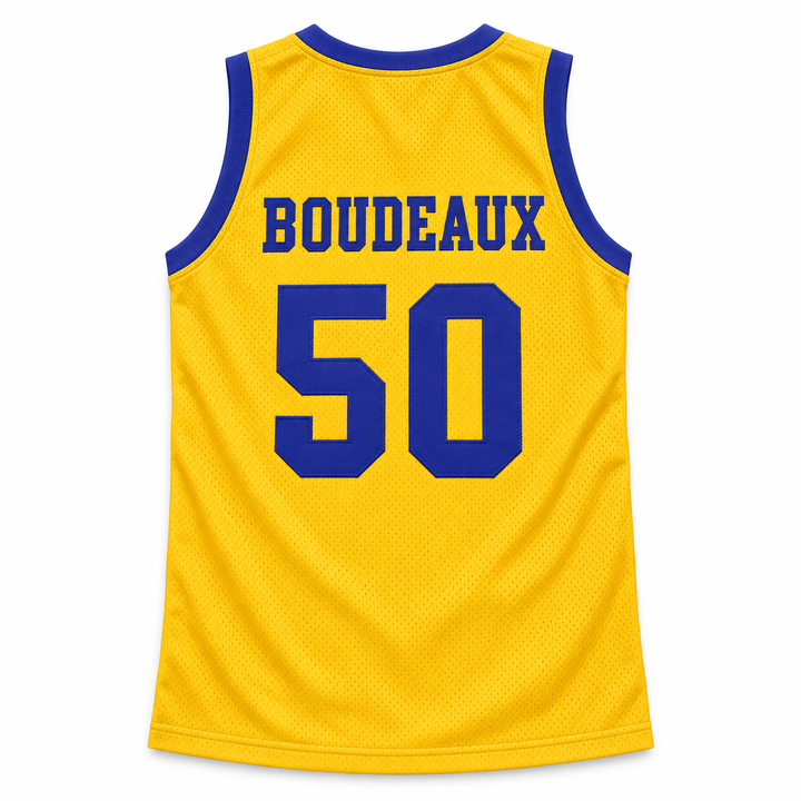 Back product mockup of a yellow basketball jersey with blue BOUDEAUX lettering, number 50 and blue neckline and armhole trim.